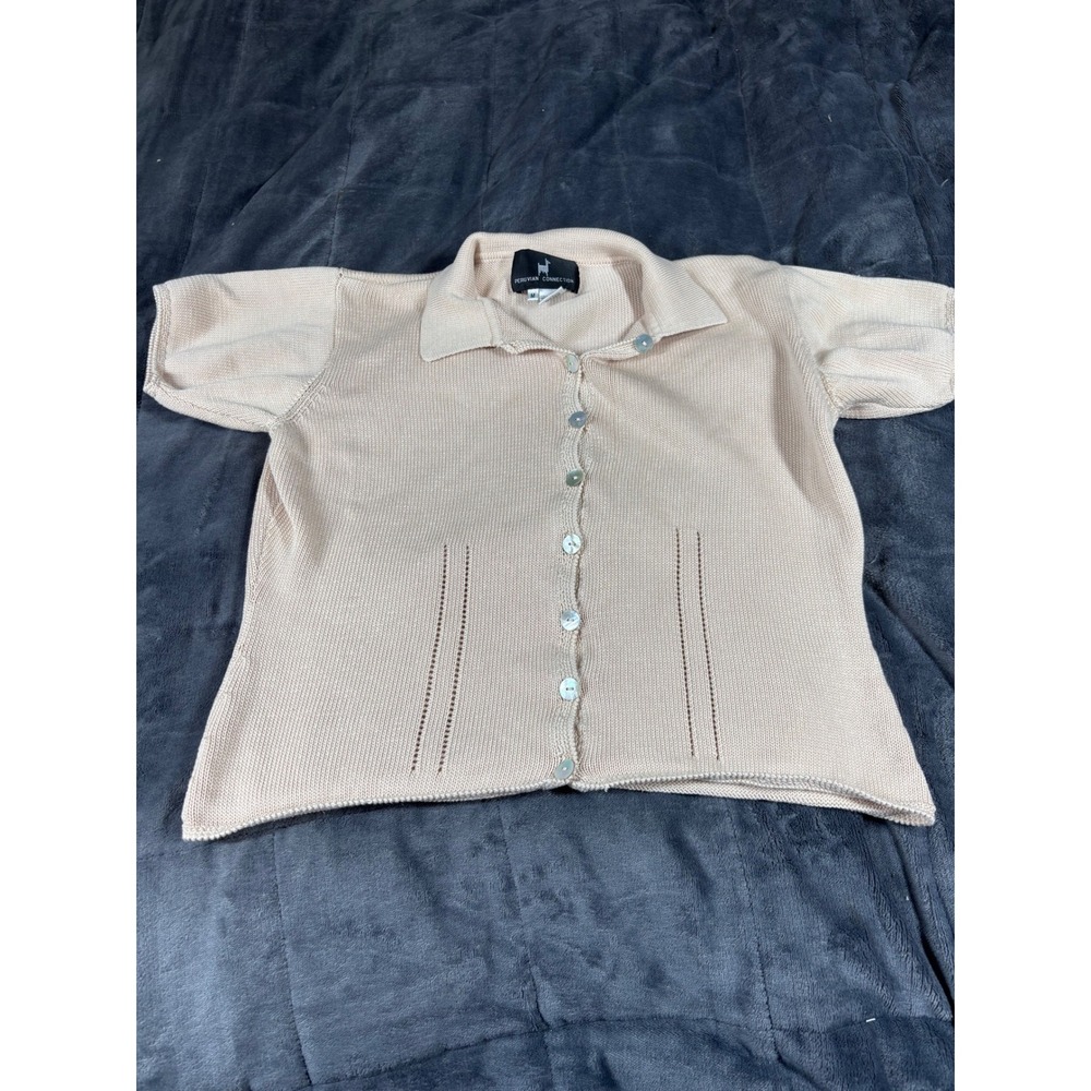 Peruvian Connection Womens Short Sleeve Pima Cotton Button Cardigan Peach Med